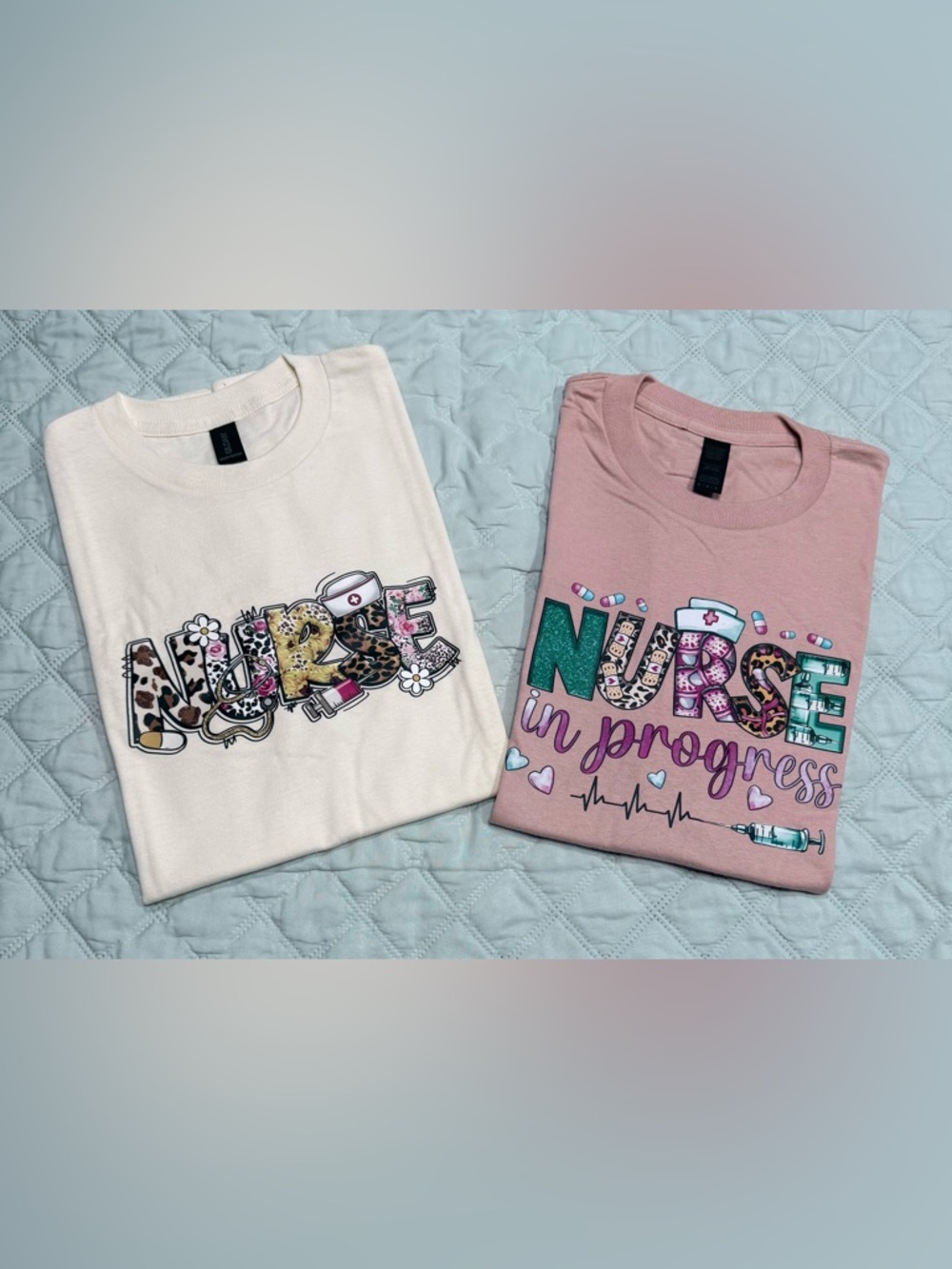2-Piece Bundle: Gildan Heavy Cotton Nurse Graphic Tees - Size M - Neutral Tones